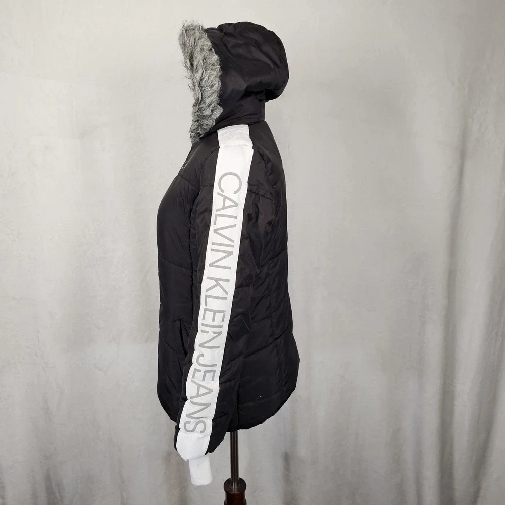 Calvin Klein Jeans Puffer Jacket Girls 12/14 Black‎ Faux Fur Hood Fleece Lined